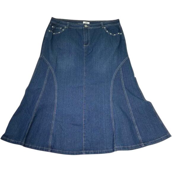 CATO Dresses & Skirts - CATO Woman Denim Midi Skirt Size 18W Dark Wash A-Line Panel Stitch Stretch